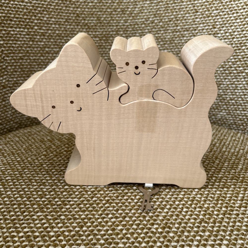 Kitten and Mommy Wooden Cat Piggy Bank Handcrafted Swiss Made with Key 7in